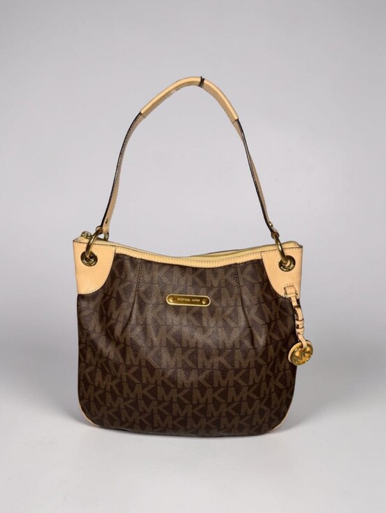 Michael Kors Handbags - Michael Kors Brown MK Logo Shoulder Bag with Beige Trim